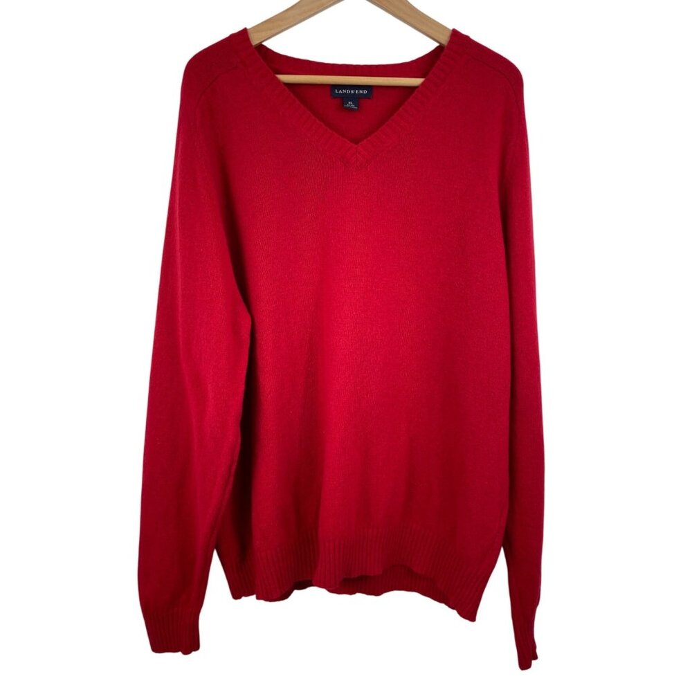 Land's End Red Wool Blend V Neck Sweater Elbow Patches Mens Size XL